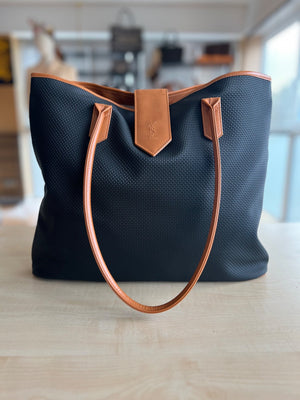 Yves Saint Laurent Tote bag toile tissée noire et garnitures camel — vue 2 | Le comptoir vintage