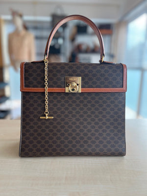 Celine Sac à main à rabat toile Macadam marron et cuir cognac authentifié — Le comptoir vintage